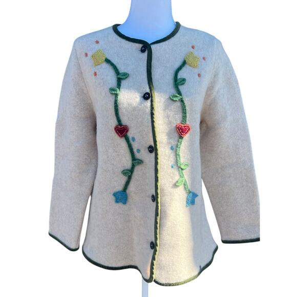 Isabella G Vintage Embroidered Wool Button Up Austrian Floral Cardigan Size XL - Picture 2 of 9